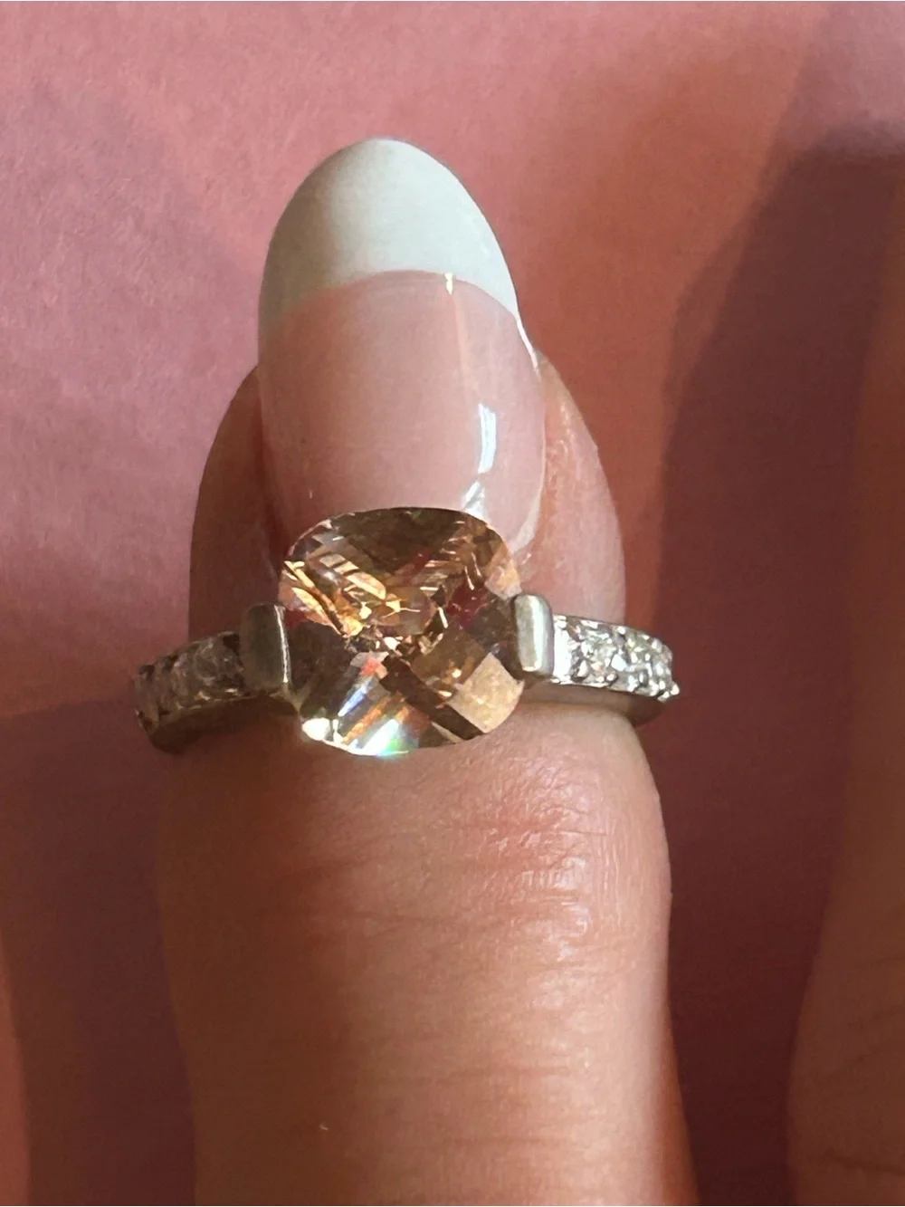 Vintage Sterling Silver Cocktail Ring with Checker-Cut Champagne Cubic Zirconia